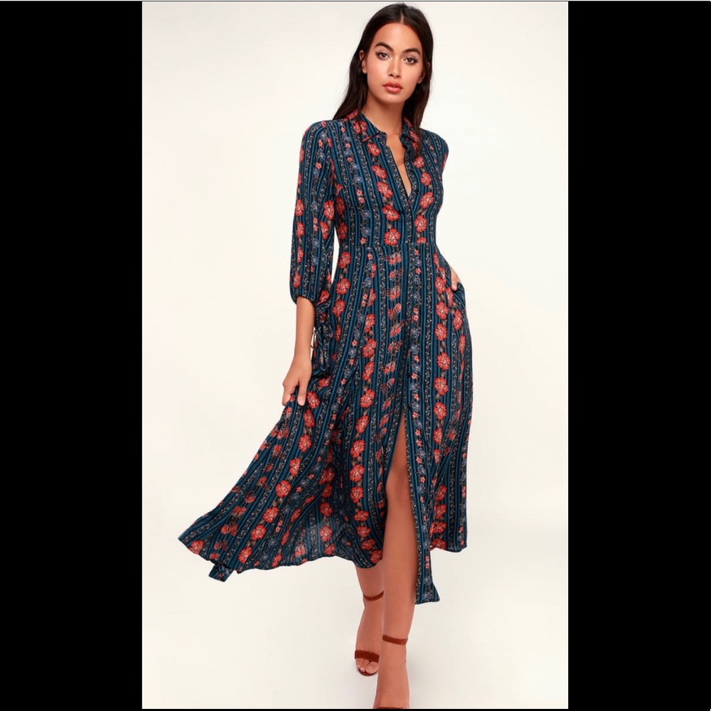 NWT Teal Maxi Shirt Dress with Floral Boho Print